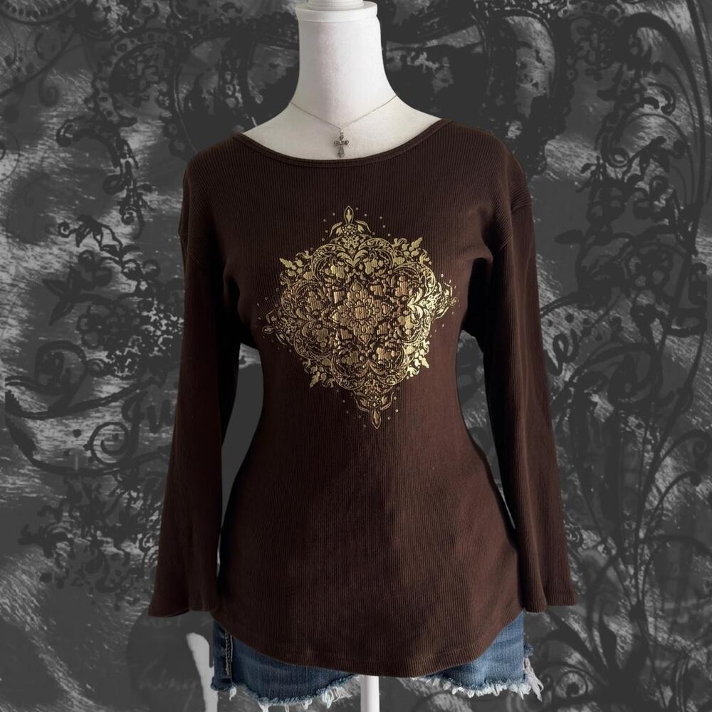 bold metallic gold baroque mandala deep brown luxe boho gothic long sleeve top